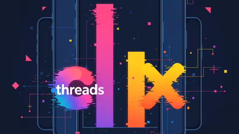 スマートフォンに表示されたThreadsとXのロゴが対照的に配置されたイメージ