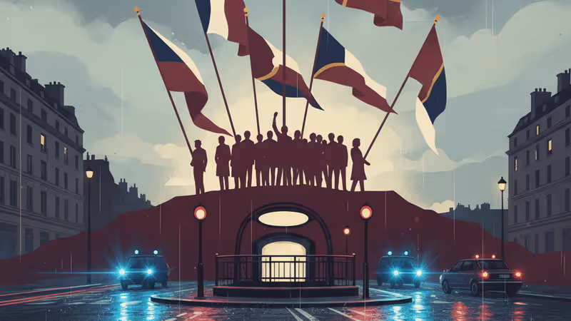 パリ地下鉄の駅入り口とパトカーの青い光の反射