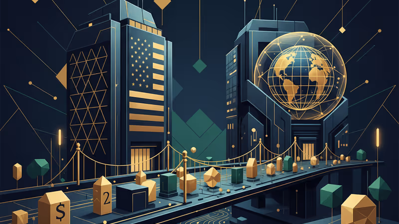 미국 국기와 디지털 지구가 보이는 데이터 연결 구조도