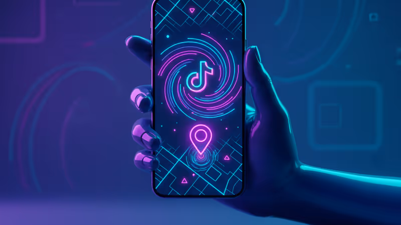 틱톡 로고와 GPS 위치 핀이 표시된 스마트폰을 든 손