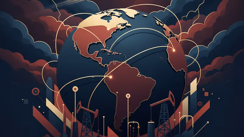 폭풍우 치는 하늘 아래 베네수엘라 유전 지대와 멀리 보이는 군용기 실루엣