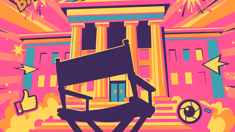 Courthouse background with a director's chair silhouette