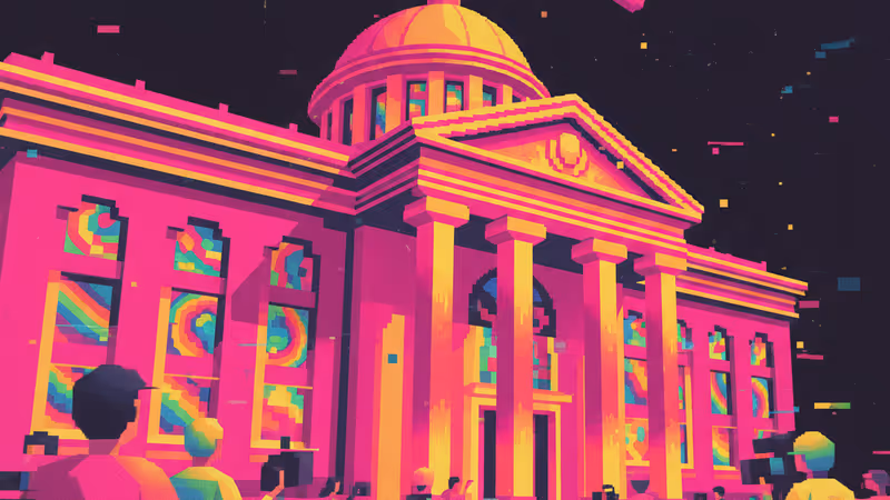 Courthouse exterior with media presence