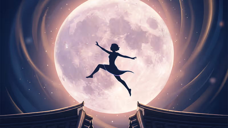 月夜の韓屋の屋根の上に立つ義賊のシルエット