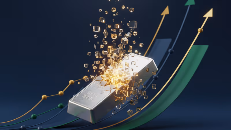 銀色金屬棒與發光的數位電路圖形融合