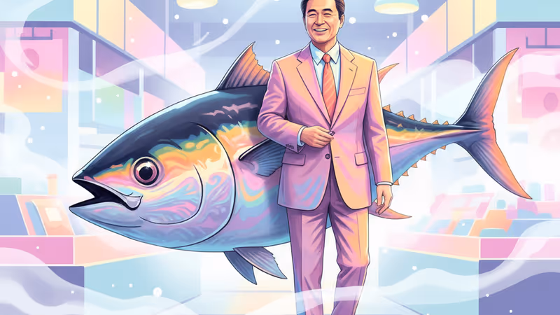 鮪魚大王木村清與價值5.1億日圓的黑鮪魚合影