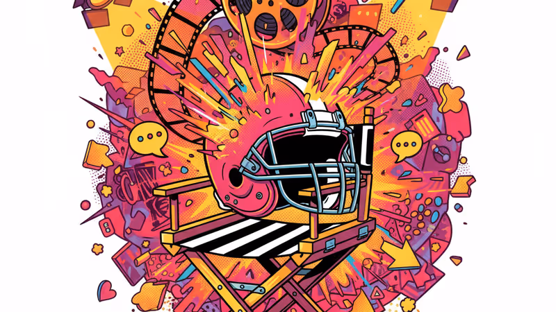 영화 촬영장 의자에 놓인 미식축구 헬멧과 조명