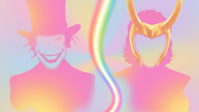 로키의 뿔 투구를 쓴 톰 히들스턴과 조커의 실루엣