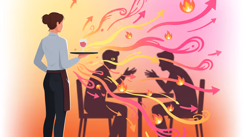 高級レストランで口論するカップルの横で立ち尽くす困惑したウェイター