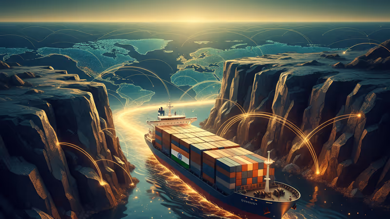 インドの国旗が描かれたコンテナ船がアメリカの港に到着する様子