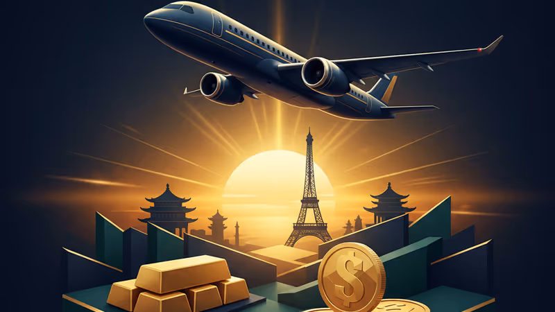 Illustration of an aircraft flying between European and Chinese landmarks