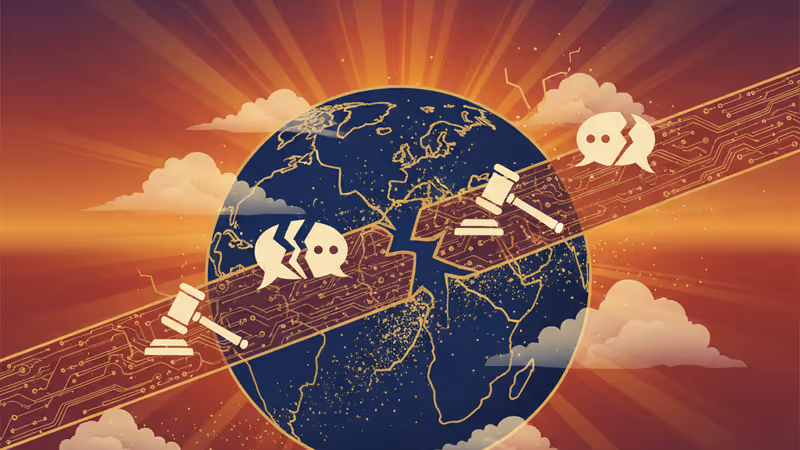 A digital representation of the US and EU maps colliding over technological regulation symbols