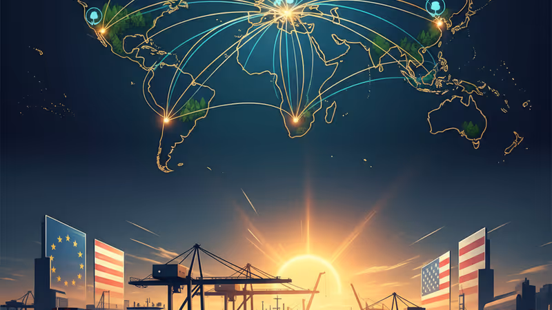 欧州連合と米国の国旗が並ぶ明るい会議場の様子