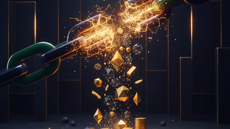 象徵智能合約漏洞的斷裂鏈條與紅色警告信號燈