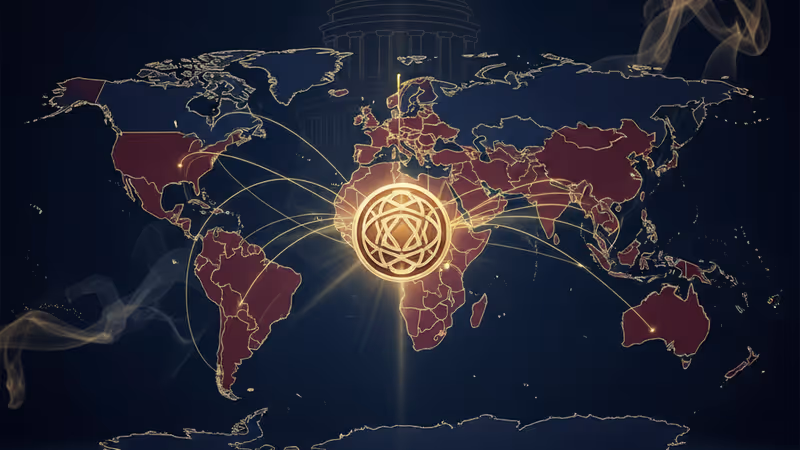 어두운 방 안 마호가니 책상 위에 놓인 금색 MAGA 모자와 백악관 그림자