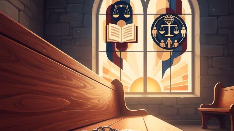 法廷の木槌と、背景にぼやけて映る抗議デモの様子