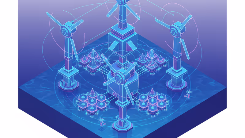 바다 위에 건설 중인 거대한 해상풍력 발전기 전경