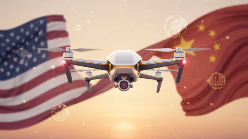 A drone positioned between the US and Chinese flags