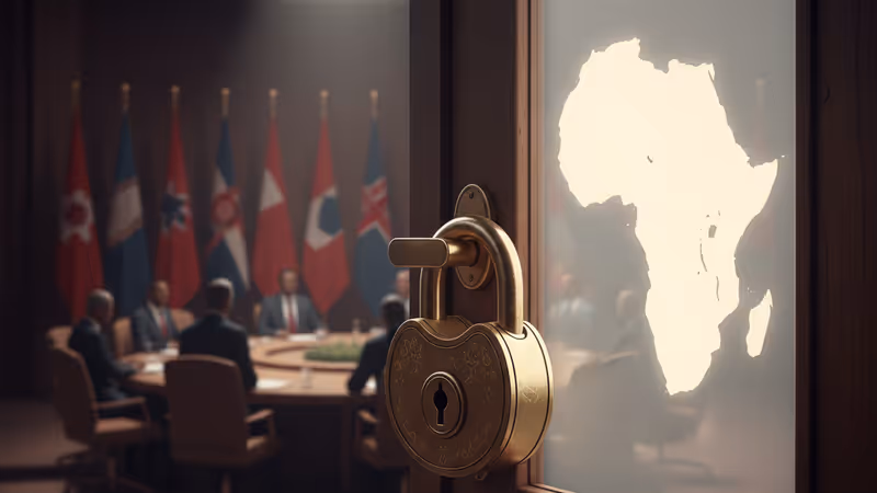 아프리카 지도가 그려진 유리창 너머로 잠겨가는 문 전경