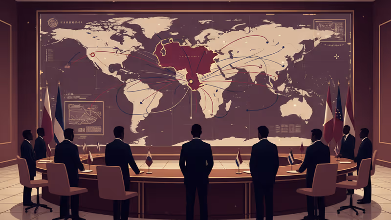 Digital diplomatic strategy map centered on Venezuela in a briefing room