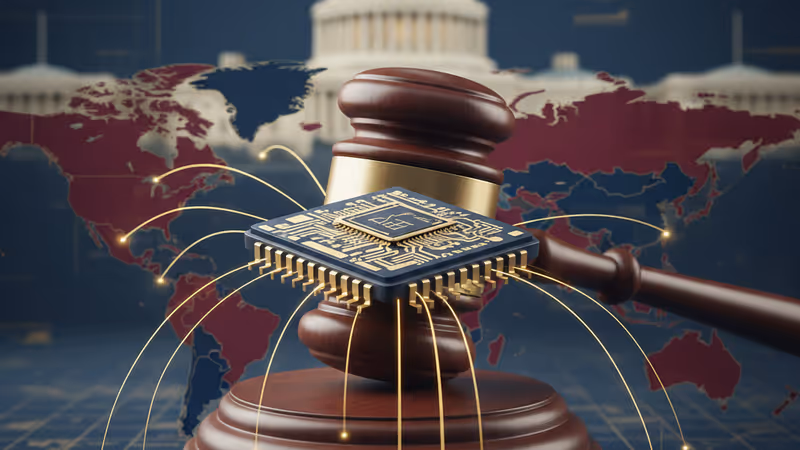 의사봉 위에 놓인 AI 반도체 칩과 미국 국회의사당 배경