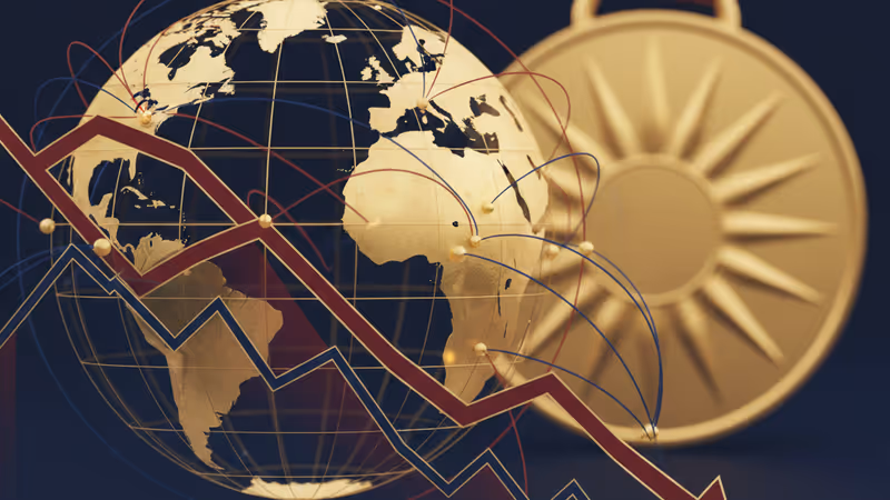 デスクに置かれたノーベル平和賞のメダルと背景の支持率グラフ