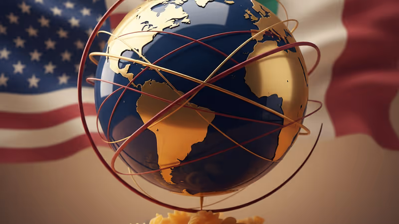 Italian pasta on a table with US and Italian flags in the background