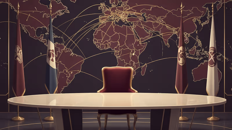 다양한 국가의 국기가 배치된 외교 회의실 전경