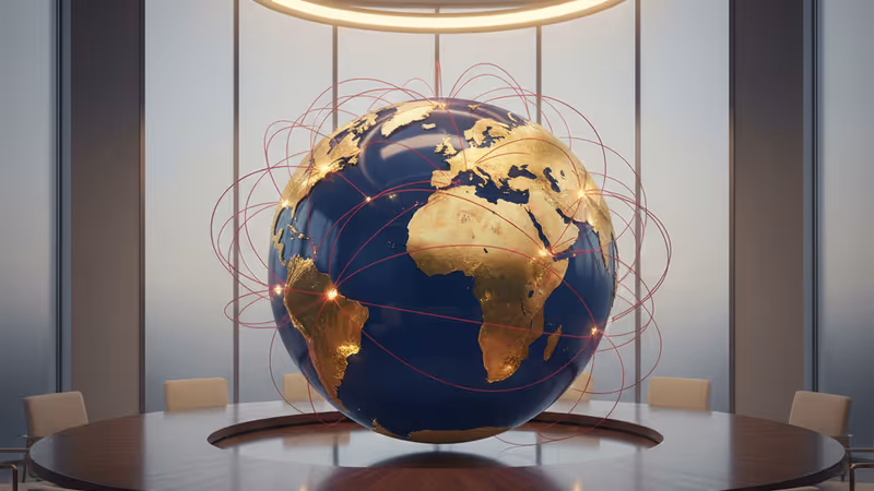 여러 국가의 국기가 배경에 놓인 현대적인 국제 회의실 전경