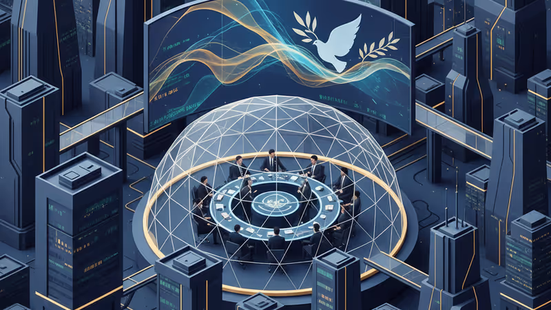 다보스 포럼 회의장 내부와 평화위원회 로고