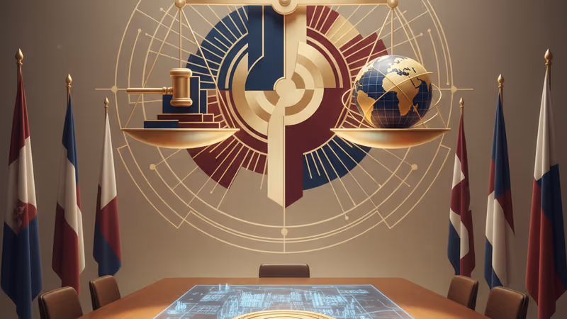 在宏偉大廳中的金色會議桌與各國國旗