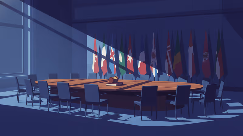 A symbolic conference hall background representing Trump's Board of Peace concept