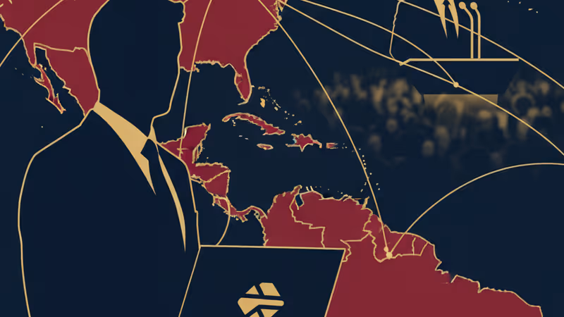 도널드 트럼프의 실루엣과 열대 섬의 군사 기지 배경