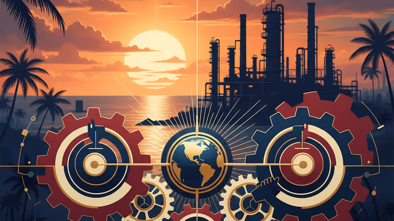 View of a weathered Venezuelan oil refinery at sunset