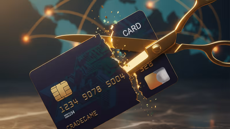 금속 가위로 잘려나가는 신용카드와 어두운 배경