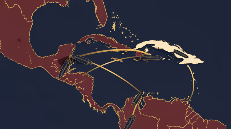 어둠에 잠긴 아바나 거리와 미국의 석유 시설이 대비되는 모습