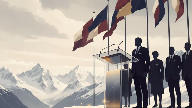 A modern podium overlooking the snowy Swiss Alps.