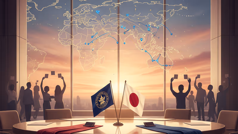 日米の国旗が並ぶ外交会談のイメージ