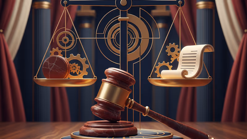 법원 가베와 정의의 저울이 놓인 어두운 집무실 풍경