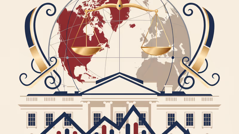グリーンランドの地図と米国旗、欧州の街並みを背景にした地政学的緊張のイメージ