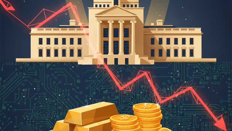 White House and Federal Reserve buildings under a stormy sky with red stock tickers