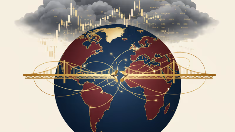象徵跨大西洋外交橋樑斷裂與全球市場波動的視覺圖案