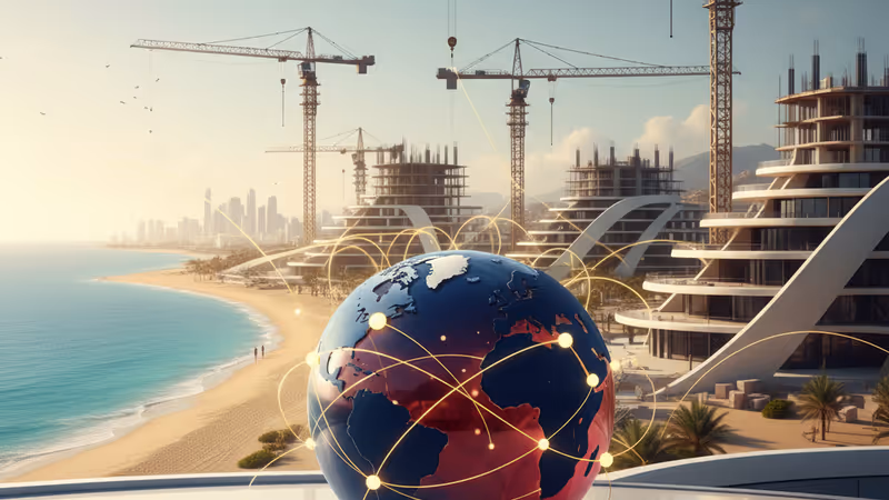 Aerial view of a futuristic commercial district under construction in Gaza