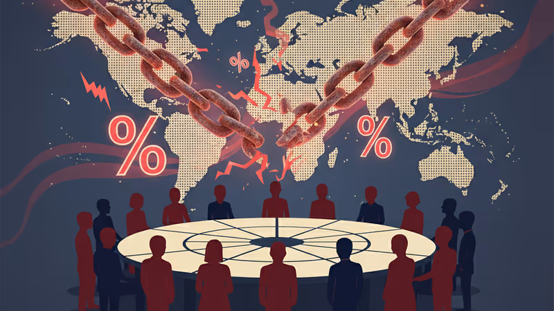 지경학적 대립과 관세 전쟁을 상징하는 세계 지도 그래픽