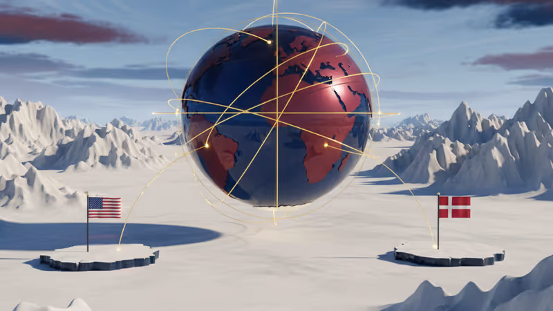 Aerial view of Greenland landscape with US and Danish flags