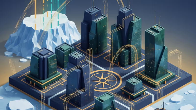 그린란드 빙하 위로 펼쳐진 디지털 주식 차트 배경