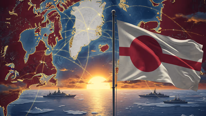 被雪覆蓋的格陵蘭景觀與飄揚的國旗