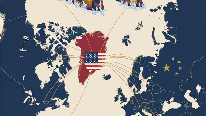US flag overlaying a Greenland glacier with trade shipping containers symbolizing the tariff threat.