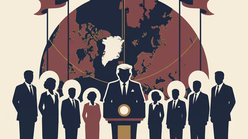 グリーンランドの氷山を背景に、アメリカの関税政策と外交圧力を象徴するイメージ画像