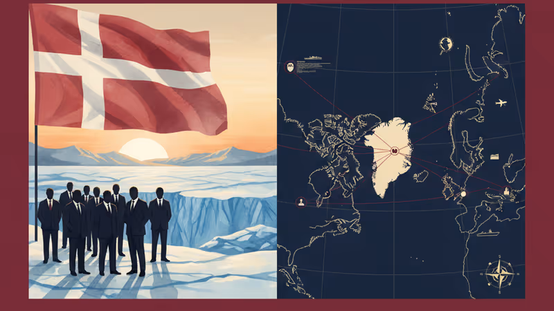 Split screen showing Greenland glaciers and a tactical military map